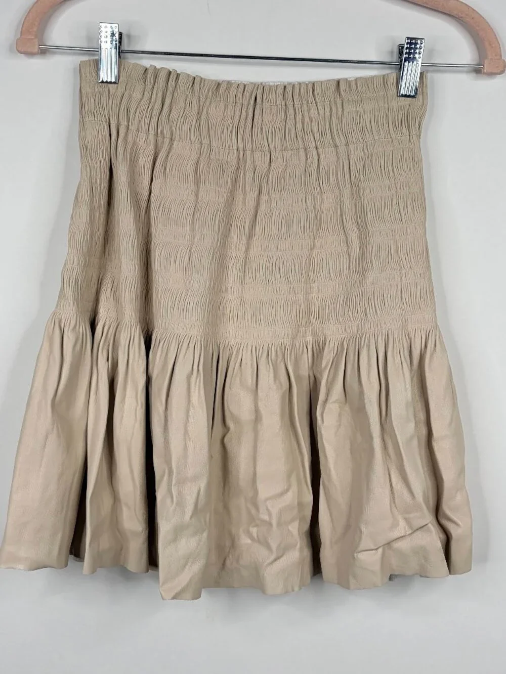 ZARA Pullon Mini Faux Leather Flounce Smocked Skirt Cream Small #A3961